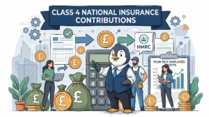 A penguin in front of a sign saying Class 4 National Insurance