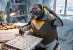A penguin trying to work out how much salary to pay itself
