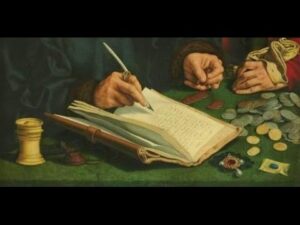Medieval painting showing a man counting coins and updating his ledgers