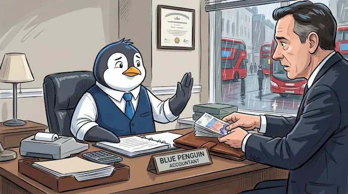 A penguin accountancy refusing cash payments from a salesman